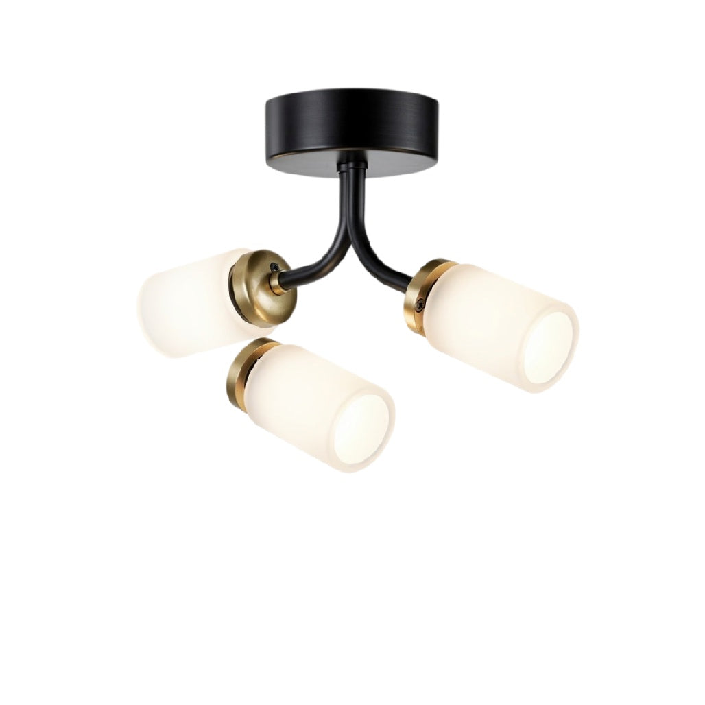 **Moderne plafondlamp met drie glazen kappen en zwart-gouden afwerking**