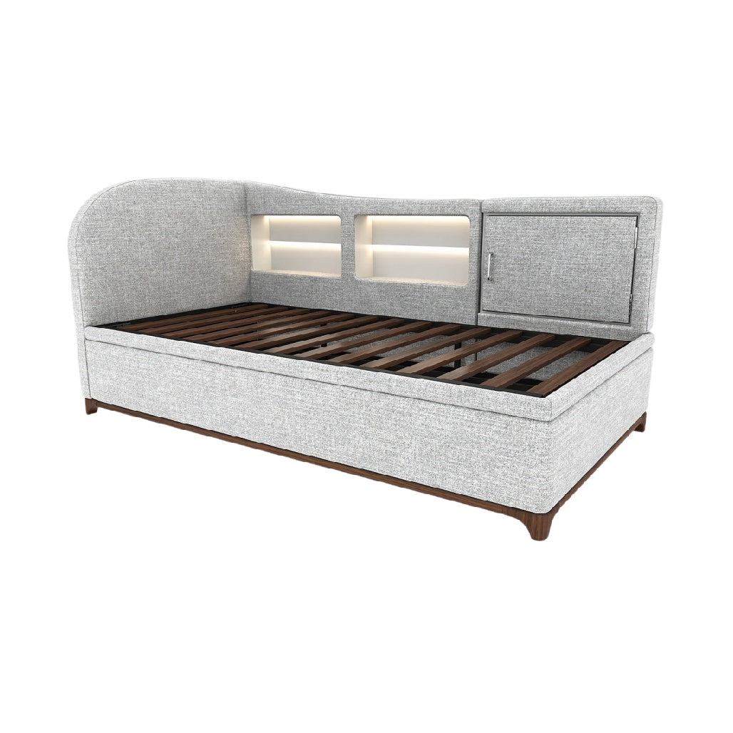 **Technische titel in het Nederlands: Modern Gestoffeerd Bed met Opbergruimte en Verlichting**